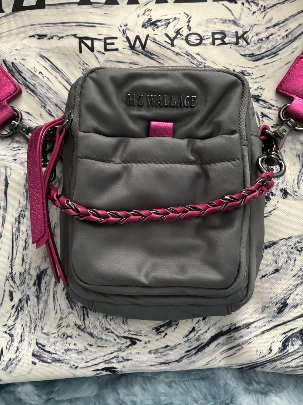 MZ Wallace Charcoal Crossbody with Fuchsia Strap Accents - Picture 2 of 12